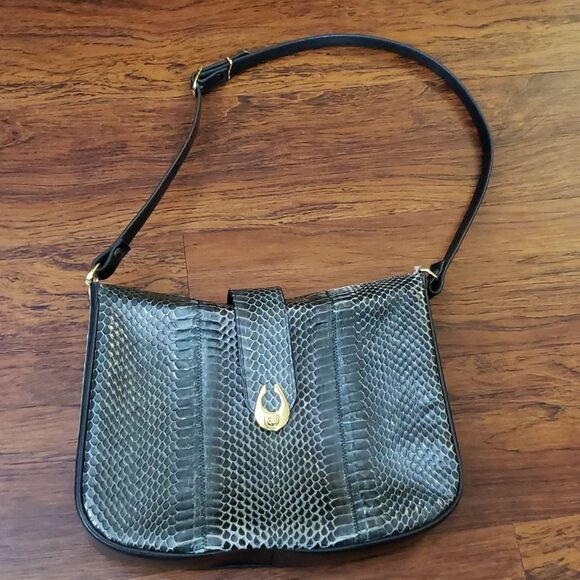 Handbags - Celina Paris Olive Green Serpent Skin Leather Shoulder Purse Gold Hardware